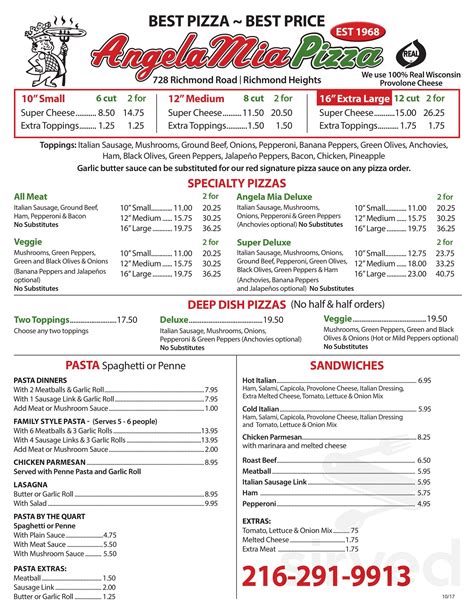 Angela mia pizza richmond heights menu  Home;Reviews on Pizza Delivery in 5144 Mayfield Rd, Lyndhurst, OH 44124 - Tasty Pizza, Abo's Grill, Jet's Pizza, Corbo's Pasta & Pizza, Zeppe's Pizzeria, Marottas, Angela Mia Pizza - Richmond Heights, Geppetto's Pizza & Ribs, LaRich's Pizza, Geraci's RestaurantSpecialties: Two Times People's Choice Award and Northeast Ohio Regional Champion Local Authentic Italian Pizzeria Established in 2006